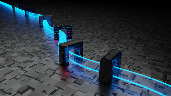 Trasmission of energy: 3D digital render of an imaginary duct transporting natural gas through substations.