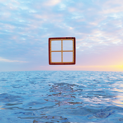 A window open on the sky, floating mid-air above the ocean. 3D digital render