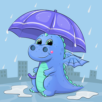 Vector illustration of an animal on a blue background with raindrops and puddles.