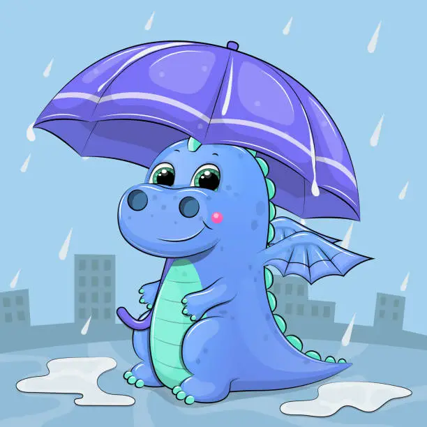 Vector illustration of Cute cartoon dragon with an umbrella in the rain.