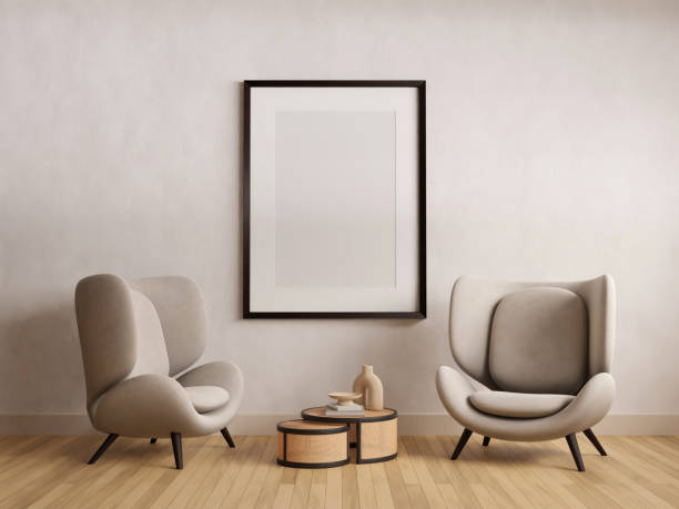 istock Vertical wood frame mockup in living room interior with light reflection. 3d rendering, 3d illustration 1437261630