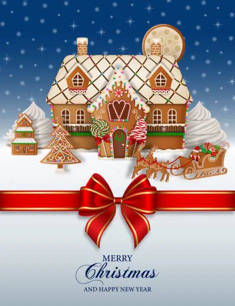 Vector illustration of Christmas background with gingerbread landscape and red bow. christmas poster with gingerbread cookies