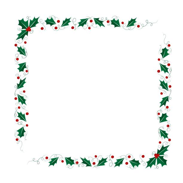 홀리 잎이 있는 크리스마스 직사각형 프레임, 나뭇가지와 열매가 있는 크리스마스 가시의 경계 - christmas frame holly leaf stock illustrations