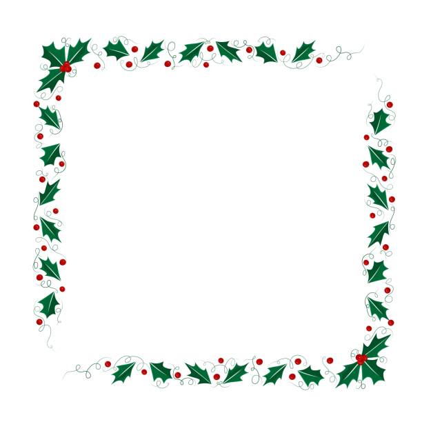 świąteczna prostokątna rama z liśćmi ostrokrzewu, granica świątecznych cierni z gałęziami i jagodami - christmas frame holly leaf stock illustrations