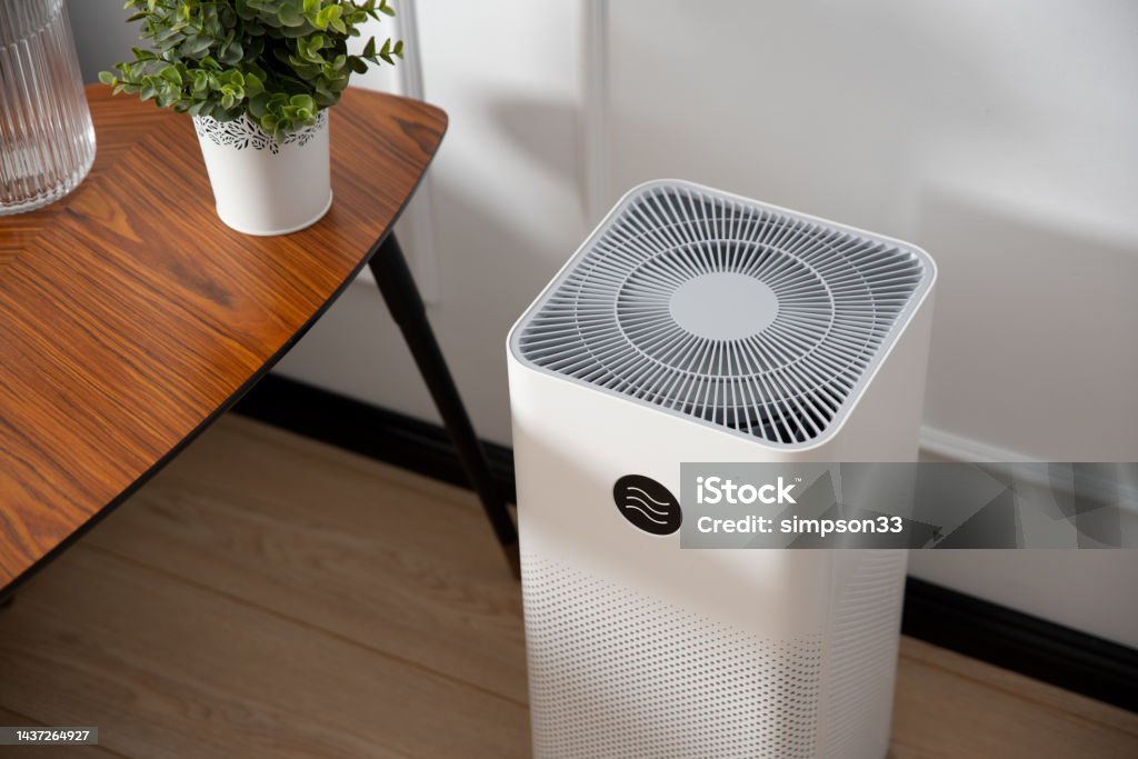 Air purifier in living room, dust protection Air purifier, cleaner in living room, PM 2.5 dust protection Air Purifier Stock Photo