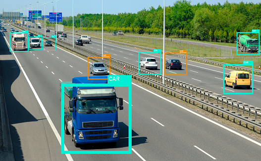 Traffic monitoring by AI, security system controlled by artificial intelligence, social credit system concept