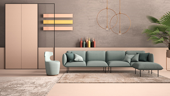 Colored contemporary living room, pastel colors, sofa, armchair, carpet, concrete walls, potted plant and decors, copper pendant lamps. Interior design atmosphere, architecture idea
