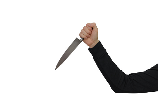 hand with knife isolated on white background. the concept of threat and danger