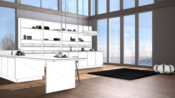 Blueprint project draft, sketch of modern kitchen with island and accessories, interior design concept idea, modern apartment with parquet floor and windows, minimal furniture idea