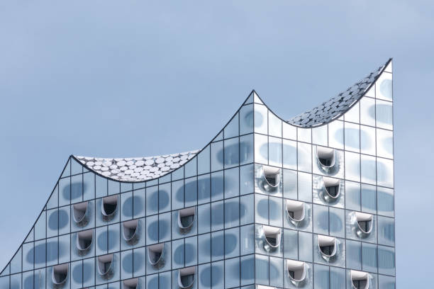 Hamburg, Germany - Sept 2022: Elbe Philharmonic Hall (Elbphilharmonie) under cloudy sky located in Hafencity designed by Herzog - de Meuron