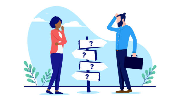 Business difficult choice Man and woman trying to make a choices for the road ahead. Uncertainty and doubt concept. Flat design vector illustration with white background crossroads sign stock illustrations