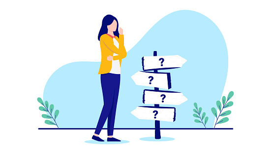 Female person standing by life crossroad contemplating and wondering about choices. Flat design vector illustration with white background