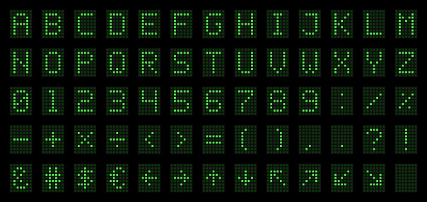 LED Digital Alphabet for Electronic Digital Display, Signages, Information Panels, Sports, Games, Data Boards, Schedules. Dot font with green letters, numbers, signs and symbols. Vector illustration