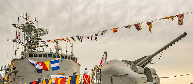 Montevideo, Uruguay - October 2, 2021: Warships exhibited at port in uruguay heritage celebration day event