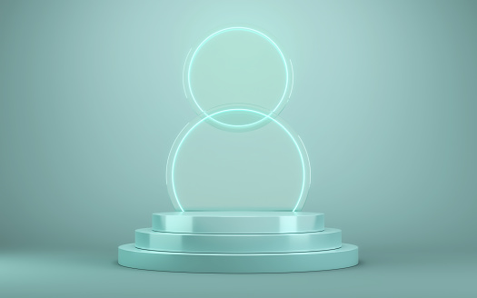 3d render Turquoise Soft Podium Mirrored Neon Lighting, Round podium on turquoise endless background, product promotion, empty product promotion scene (Close-up)