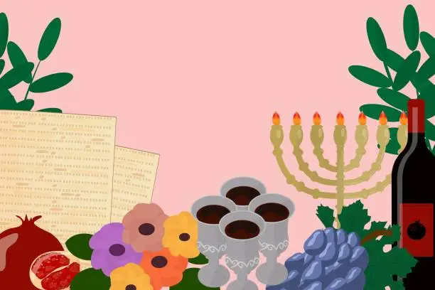 Vector illustration of Pesach template for your design with matzah and spring flowers. Jewish holiday background. Vector illustration