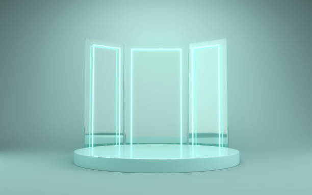 istock Turquoise Soft Podium Mirrored Neon Lighting 1437271501