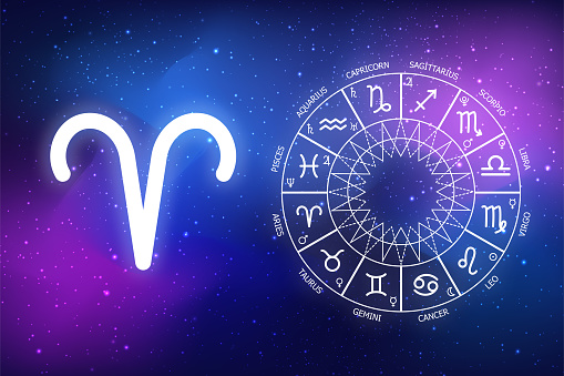 astrological forecast for the sign Aries. Aries zodiac sign. Aries icon on blue space background. Zodiac circle on a dark blue background of the space. Astrology