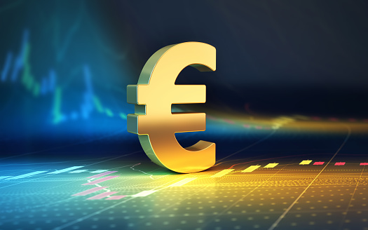 The sign of the Euro currency on the volumetric map of the European Union. 3d rendering.