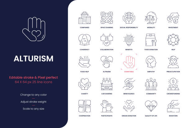 Alturism Editable Stroke Line Icons Alturism Vector Style Line Icon Set. Editable Stroke, Pixel Perfect, Unique Style, 1 Pt Width icons on 64x64 pixel grid. altruism stock illustrations