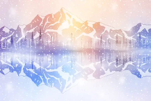 Vector illustration of Fairy mountains are reflected in the water, winter landscape, snowfall and bokeh