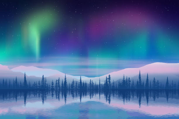 ilustraciones, imágenes clip art, dibujos animados e iconos de stock de aurora boreal reflejada en el agua, ilustración de vacaciones de invierno, norte - arctic