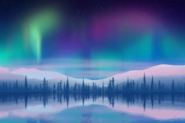 Vector illustration of Aurora borealis reflected in water, winter holiday illustration, northern
