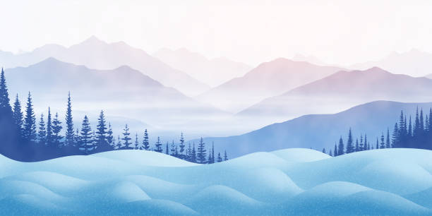 winterliche berglandschaft, schneeverwehungen und bäume, es schneit - alaska stock-grafiken, -clipart, -cartoons und -symbole