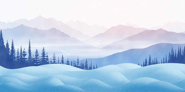 Winter mountain landscape, snow drifts and trees, it snows, vector illustration