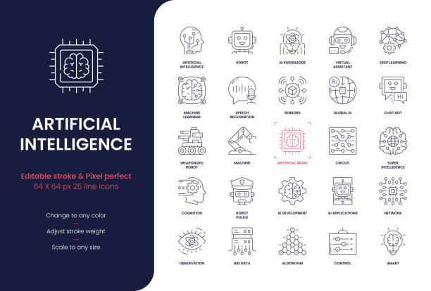 Artificial Intelligence Editable Stroke Line Icons Artificial Intelligence Vector Style Line Icon Set. Editable Stroke, Pixel Perfect, Unique Style, 1 Pt Width icons on 64x64 pixel grid. artificial intelligence icon stock illustrations