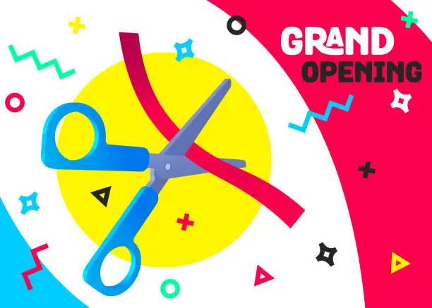 Vector illustration of Grand opening vector background. Scissors and red ribbon nonstandard design element for banner or backdrop for opening ceremony