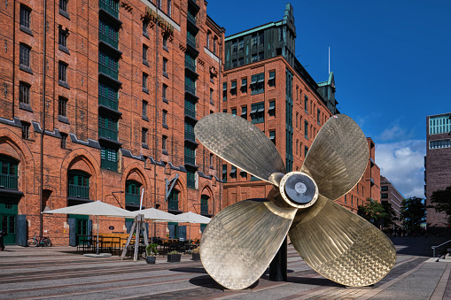 Hamburg, Germany - Sept 2022:  International Maritimes Museum and Big screw propeller in the Hafencity
