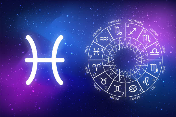 astrological forecast for the sign taurus Pisces astrological forecast for a zodiac sign Pisces. icon Pisces on blue space background. Zodiac circle on a dark blue background of the space. Astrology pisces stock pictures, royalty-free photos & images