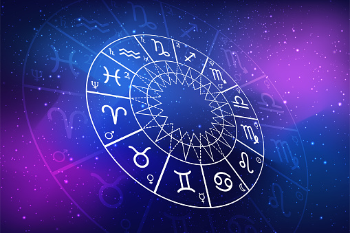 Zodiac circle on the background of the dark cosmos. Astrology. The science of stars and planets. Esoteric knowledge. Ruler planets. Twelve signs of the zodiac