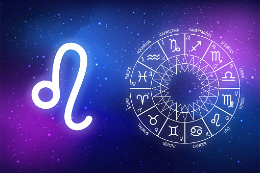 astrological forecast for a zodiac sign leo. icon leo on blue space background. Zodiac circle on a dark blue background of the space. Astrology