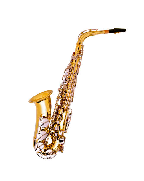 schönes goldenes saxophon isoliert auf weißem hintergrund - saxophon stock-fotos und bilder