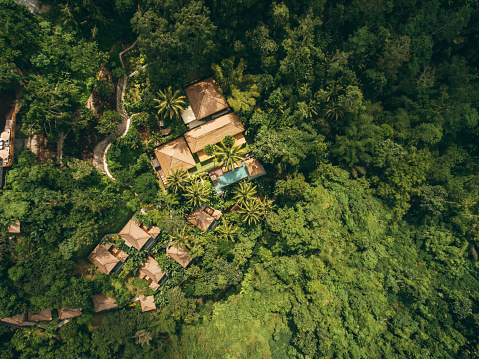 Bird's eye view of luxury resort in forest surrounded by trees.