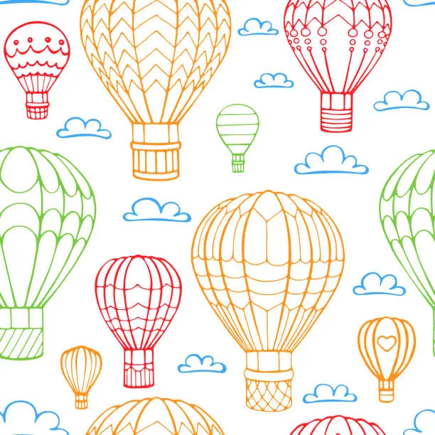 Vector illustration of Seamless pattern hot air balloon and cloud. Hand drawn outline doodle. Vector illustration.