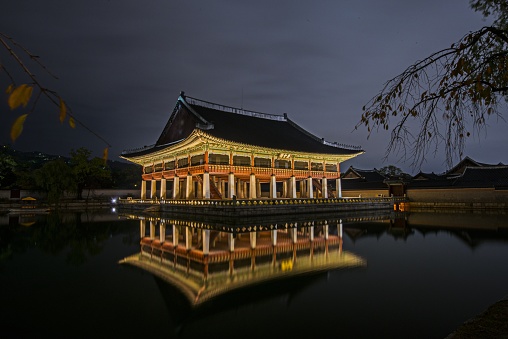 A beautiful night view of the Gyeongbokgung Palace in Seoul, South Korea