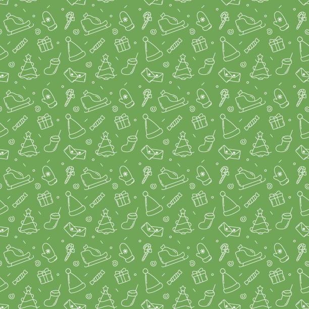 Web Christmas seamless doodle pattern on green background, candies, sleigh bag, santa hat, mitten, gift, christmas tree christmas stocking background stock illustrations