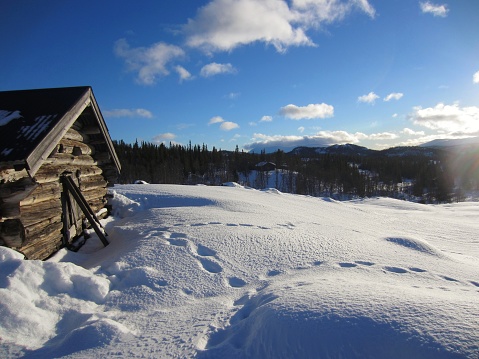 Old wooden cabin on a sunny day in norwegian mountains. Animal tracks are visible in the snow.