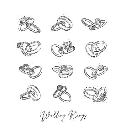 Wedding and engagement ring drawing in vintage graphic style