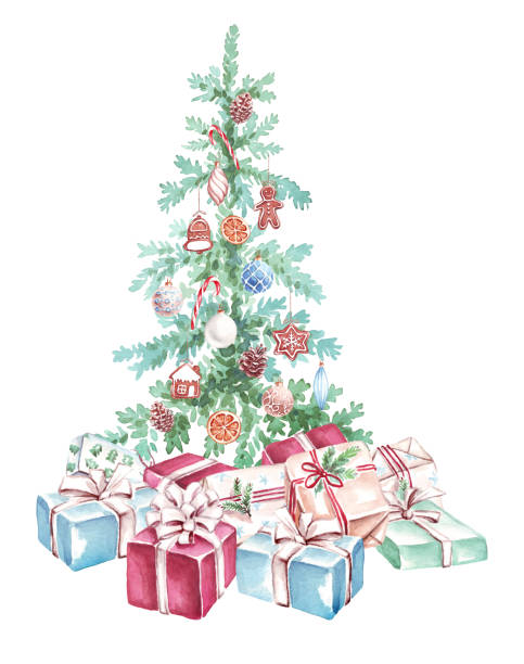 istock Christmas tree. Watercolor clipart. Hand-painted illustration 1437295947