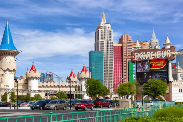 The exterior of the fairy tale and medieval style Excalibur Hotel and Casino in Las Vegas, with the New York, New York hotel behind. Las Vegas, USA - 18 April 2012: The exterior of the fairy tale and medieval style Excalibur Hotel and Casino in Las Vegas, with the New York, New York hotel behind. excalibur stock pictures, royalty-free photos & images