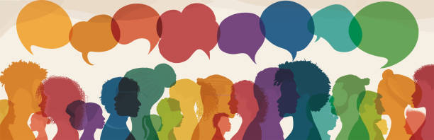 Speech bubble.Silhouette heads men and women in profile.Talking dialogue and inform.Communicate between a group of multicultural people who talk. Diversity people. Social network concept vector art illustration