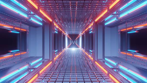istock Futuristic corridor illuminated with blue and orange laser lights 1437301993