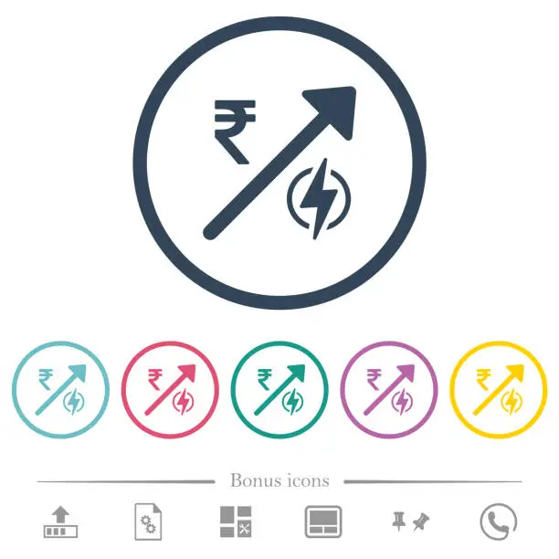 Vector illustration of Rising electricity energy Indian Rupee prices flat color icons in round outlines