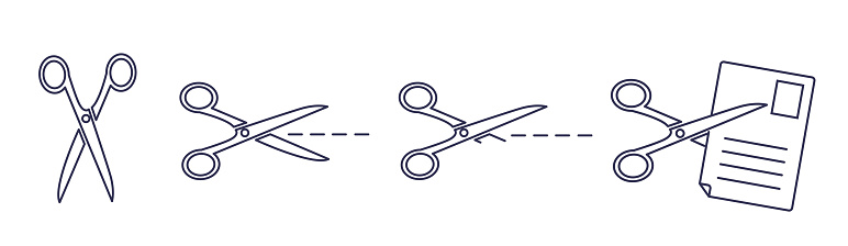set of icons or pictograms of scissors cutting dotted line or sheet of paper