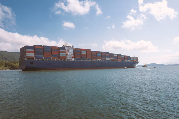 istock Container ship passing through the port channel.  Santos city, Brazil. 1437313896
