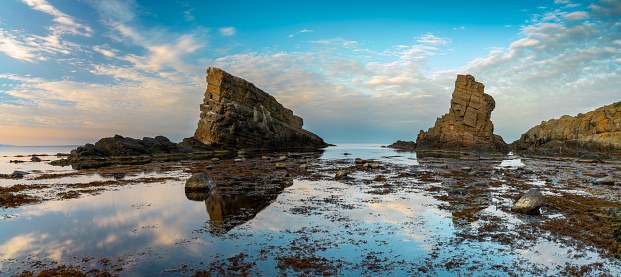 panorama landscape view of the Stone Ships sea stacks in Sinemorets on the Black Sea in Bulgaria